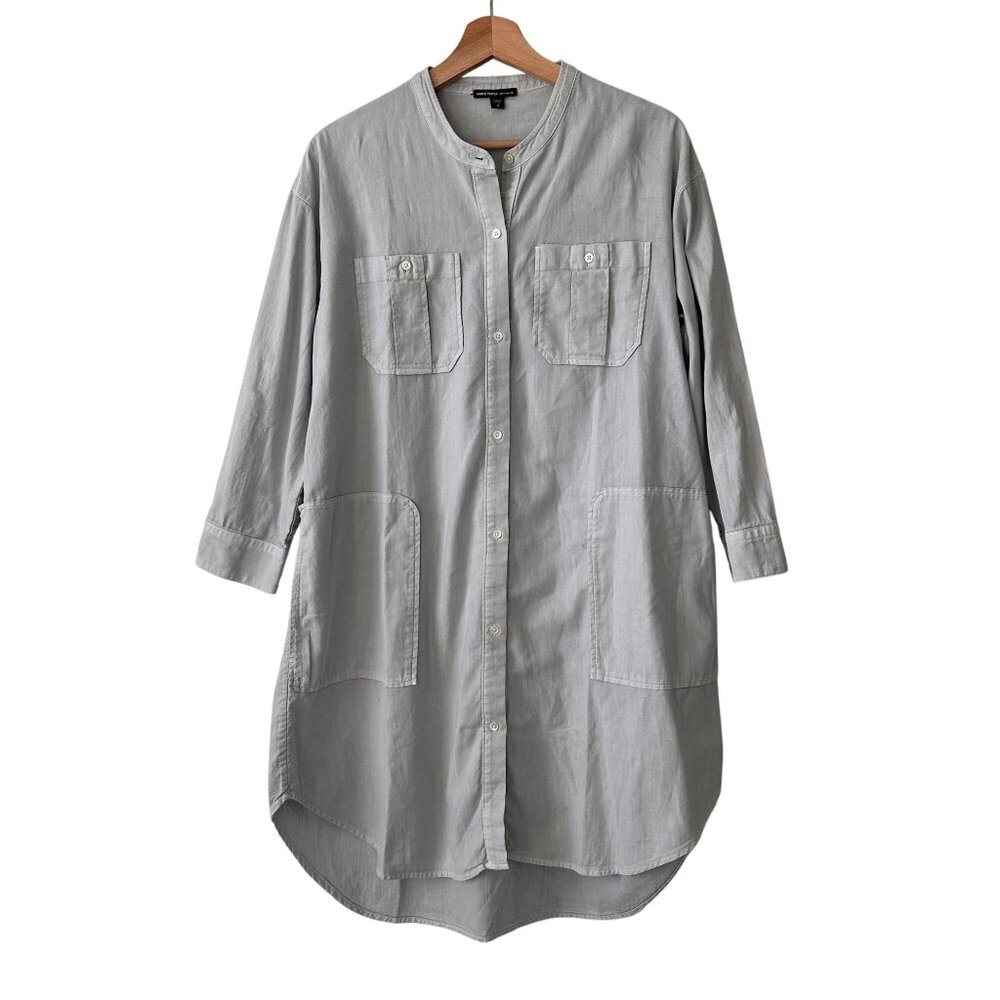 James Perse Light Grey Button-Front Shirt Oversized Dress W/ Pockets Size 3 100%